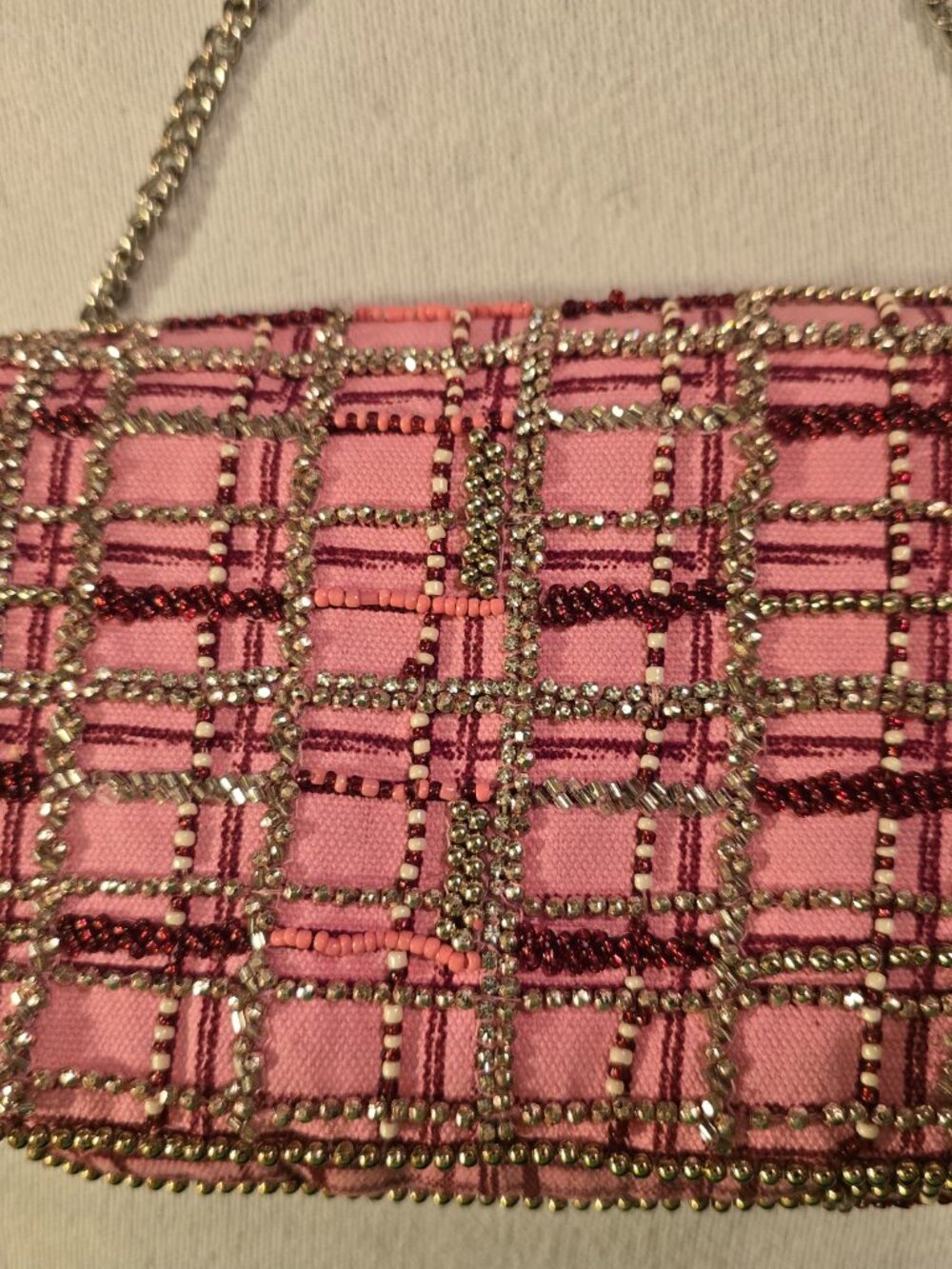 New Zara Pink Plaid Beaded Crossbody Bag With Chain Strap - Picture 3 of 16